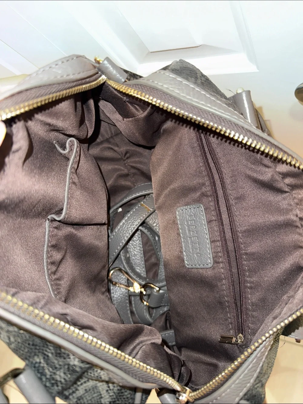 Terzetto‎ Gray Snake-Print Satchel with Gold Hardware